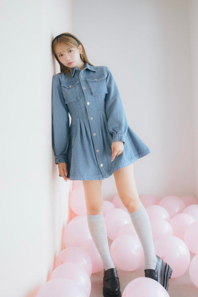 Pin Tuck Denim Mini Shirt Dress