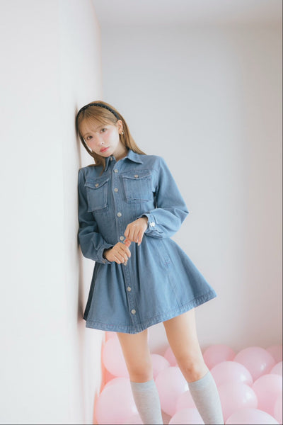 【2月下旬配送】Pin Tuck Denim Mini Shirt Dress