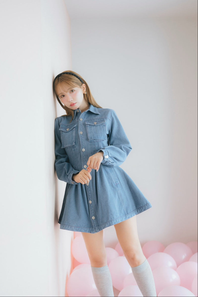 Pin Tuck Denim Mini Shirt Dress