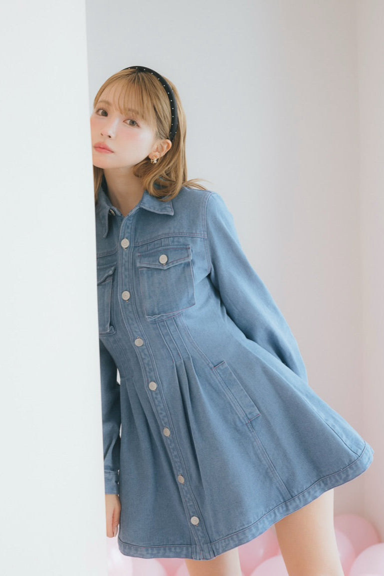 Pin Tuck Denim Mini Shirt Dress - MISTREASS
