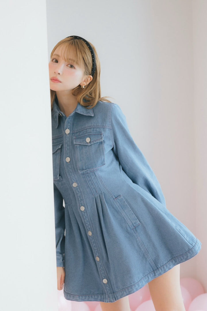Pin Tuck Denim Mini Shirt Dress - MISTREASS