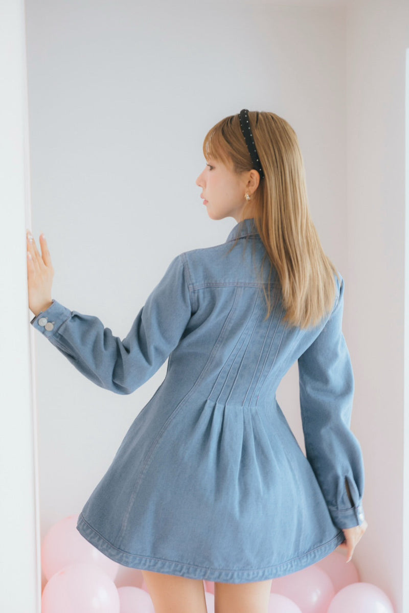 【2月下旬配送】Pin Tuck Denim Mini Shirt Dress