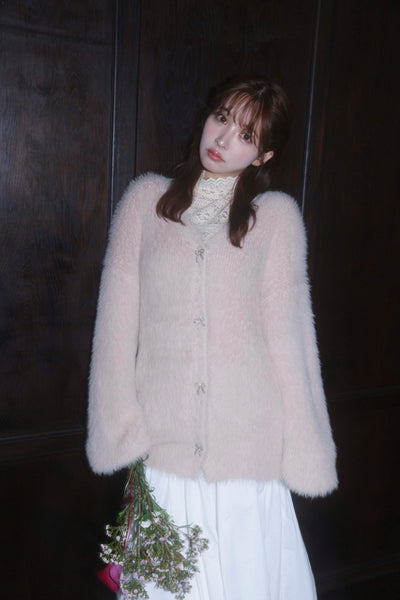 【11月下旬配送】Ribbon Button Long Shaggy Knit Cardigan