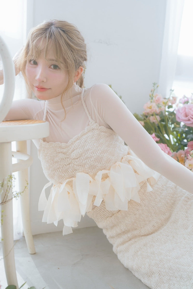 【3月中旬配送】Ribbon Nep Yarn Knit Set Up With Sheer Top