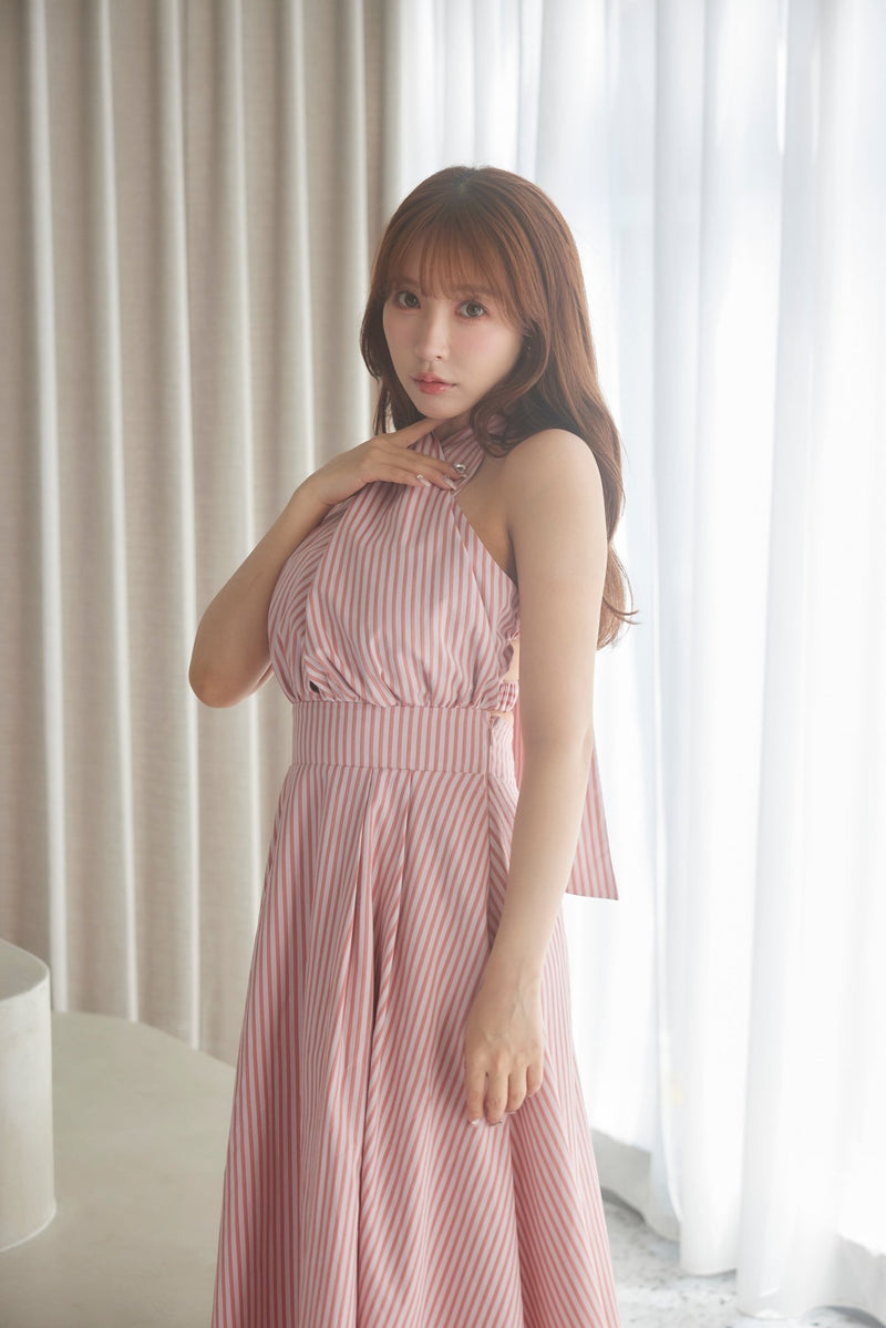 Color Stripe Twist Halter Dress