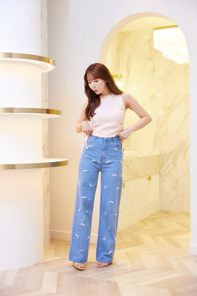 Ribbon Denim Straight Pants