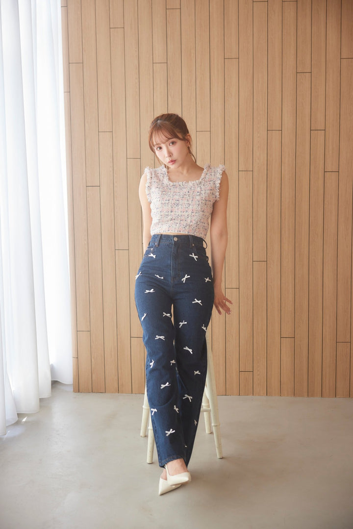 IUGAMAKARAS★韓国★人気★Ribbon Denim Pants 2色 リボン Ribbon Denim Straight Pants - MISTREASS