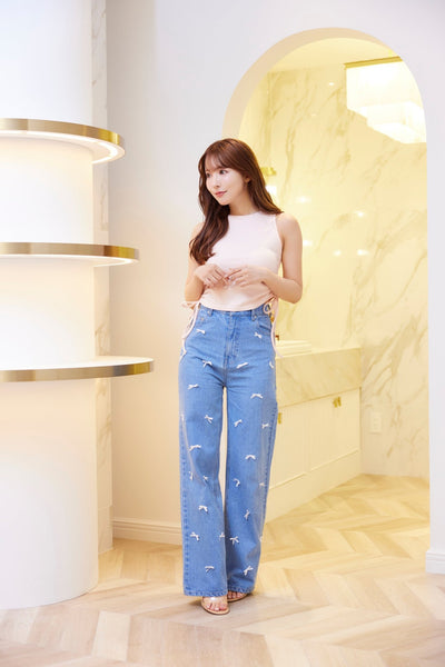 Ribbon Denim Straight Pants