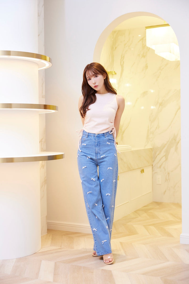 Ribbon Straight Flare Denim Pants Sサイズ ribbon-denim-straight-pants-