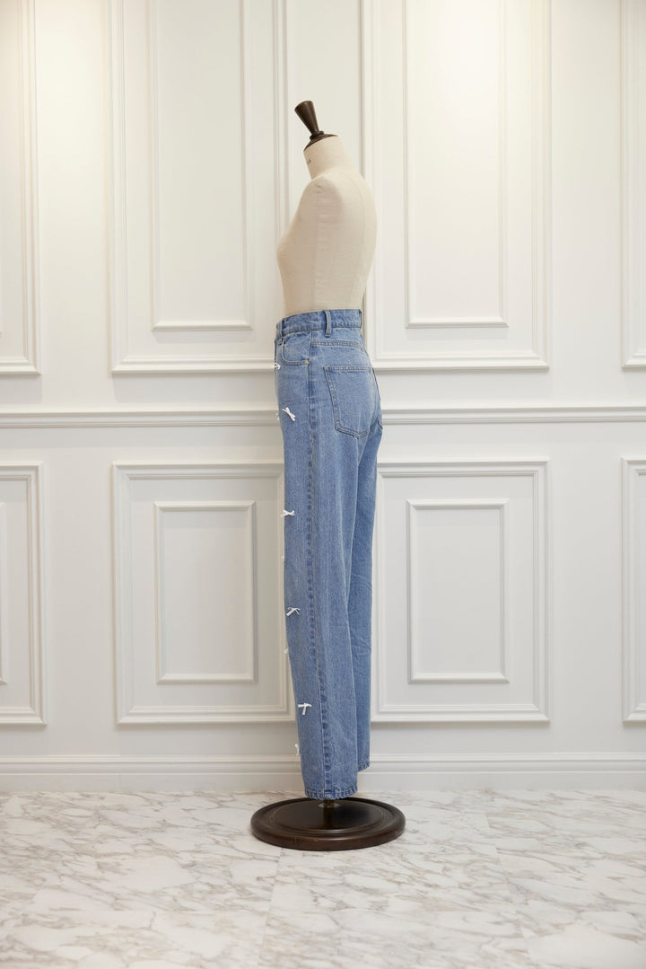 Ribbon Denim Straight Pants - MISTREASS