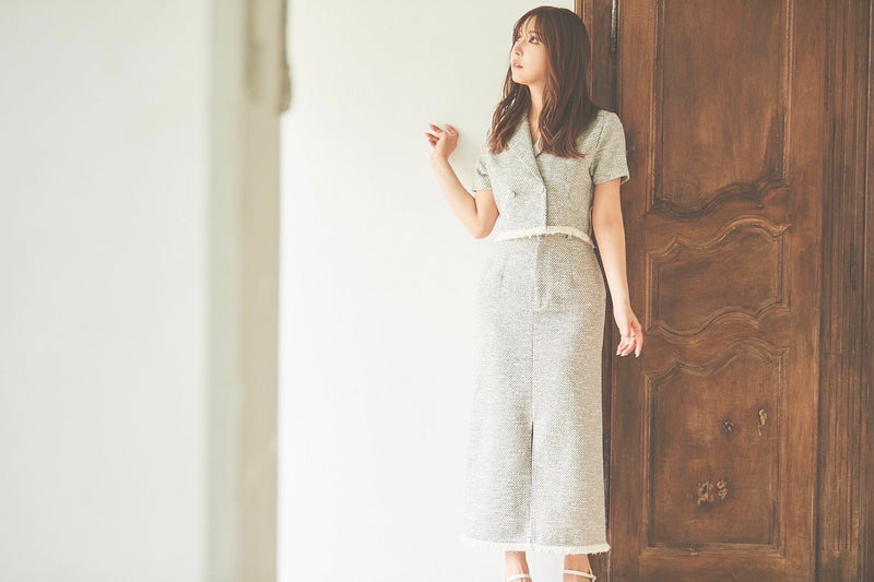 Fringe Tweed Short Jacket & Pencil Skirt