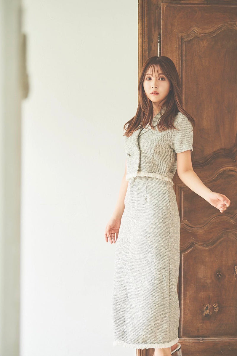 Fringe Tweed Short Jacket & Pencil Skirt