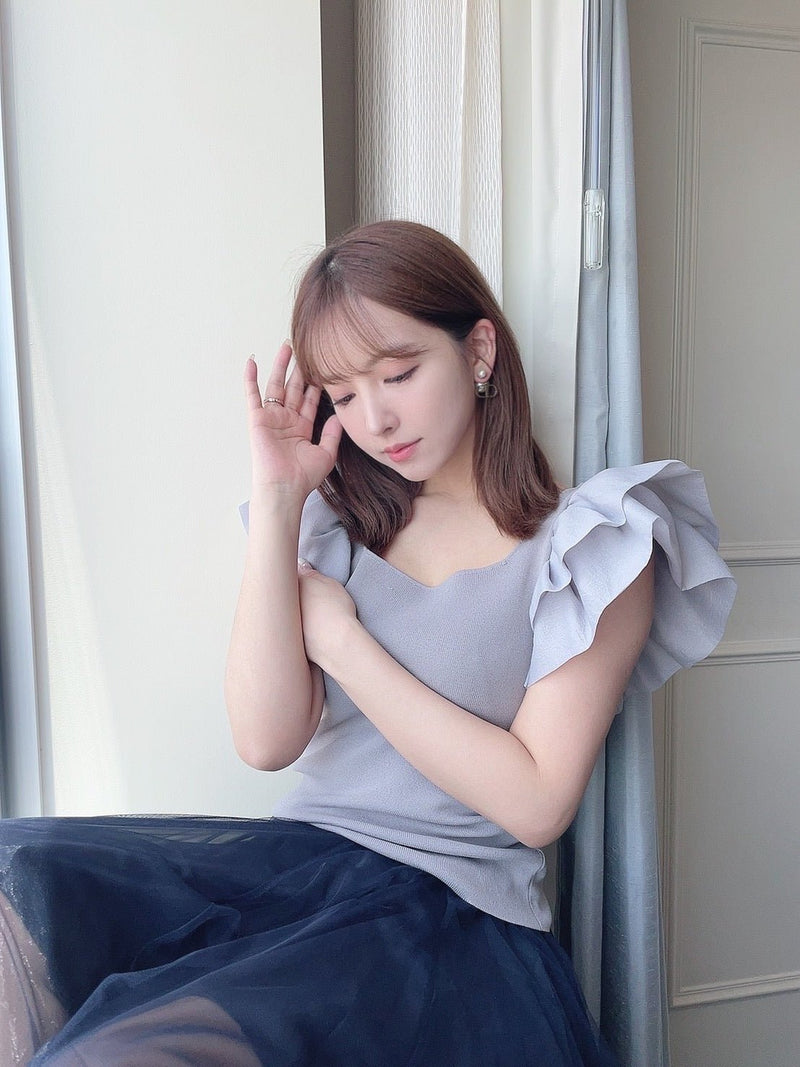 Frill Sleeve Half Milan Rib Knit Top