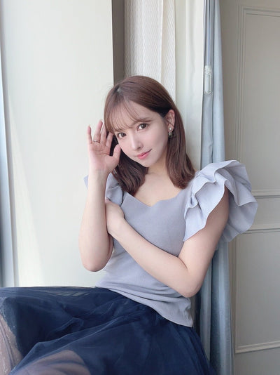 Frill Sleeve Half Milan Rib Knit Top
