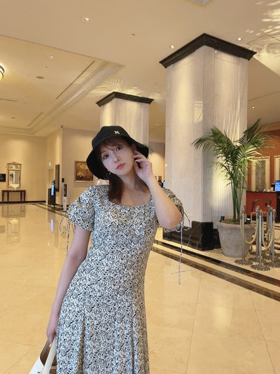 Shirring Sleeve Flower pattern dress