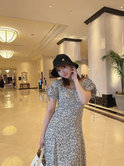 Shirring Sleeve Flower pattern dress