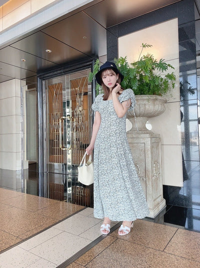 Shirring Sleeve Flower pattern dress