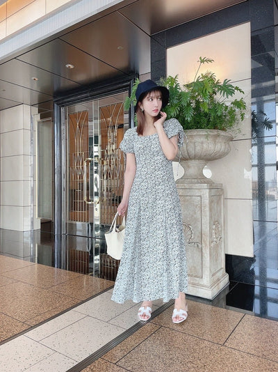 Shirring Sleeve Flower pattern dress