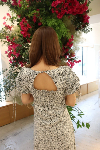 Shirring Sleeve Flower pattern dress