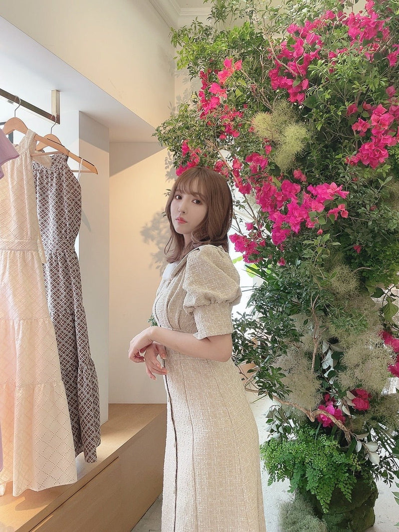 Puff Sleeve Tweed Mermaid Dress