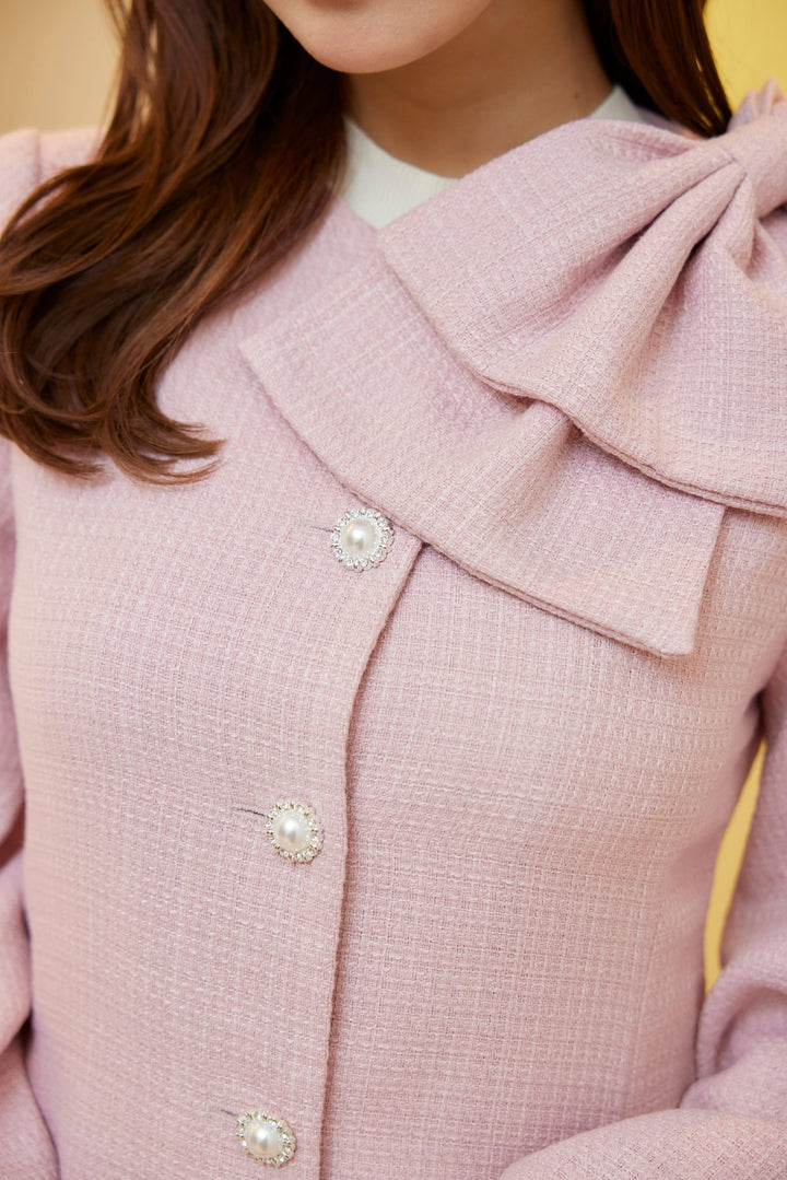 Big Ribbon Collarless Tweed Coat - MISTREASS