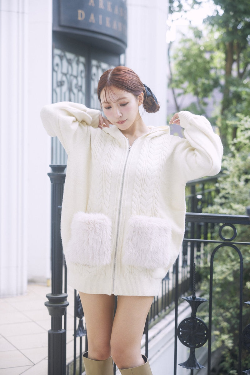 Fur Pocket Cable Knit Hoodie - MISTREASS