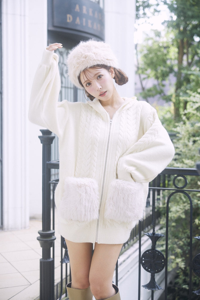 Fur Pocket Cable Knit Hoodie - MISTREASS