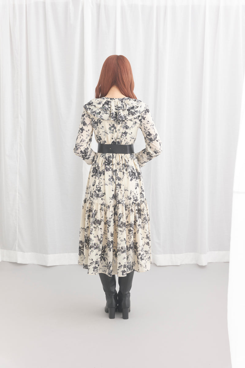 レディースFlower Pattern Belt Set Frill Dress - ロングワンピース