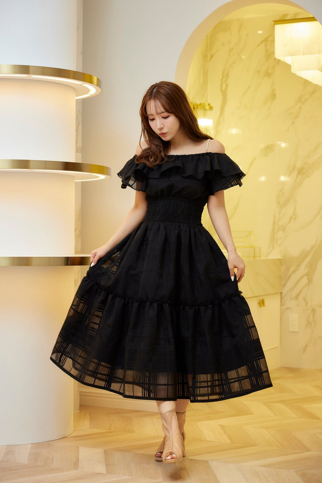Pearl Strap Sheer Plaid Dress - MISTREASS