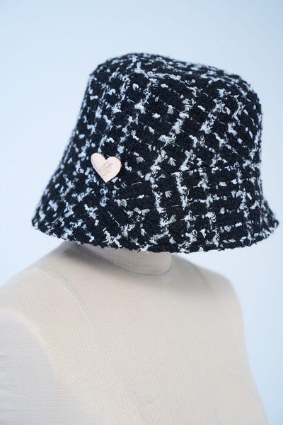 Plaid Tweed Bucket Hut with Heart brooch