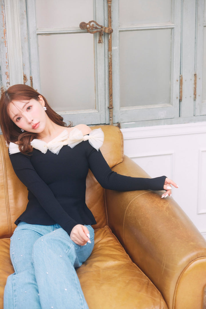 トップス MISTREASS Ribbon Motif Peplum Knit Top Ribbon Motif Peplum Knit Top - MISTREASS