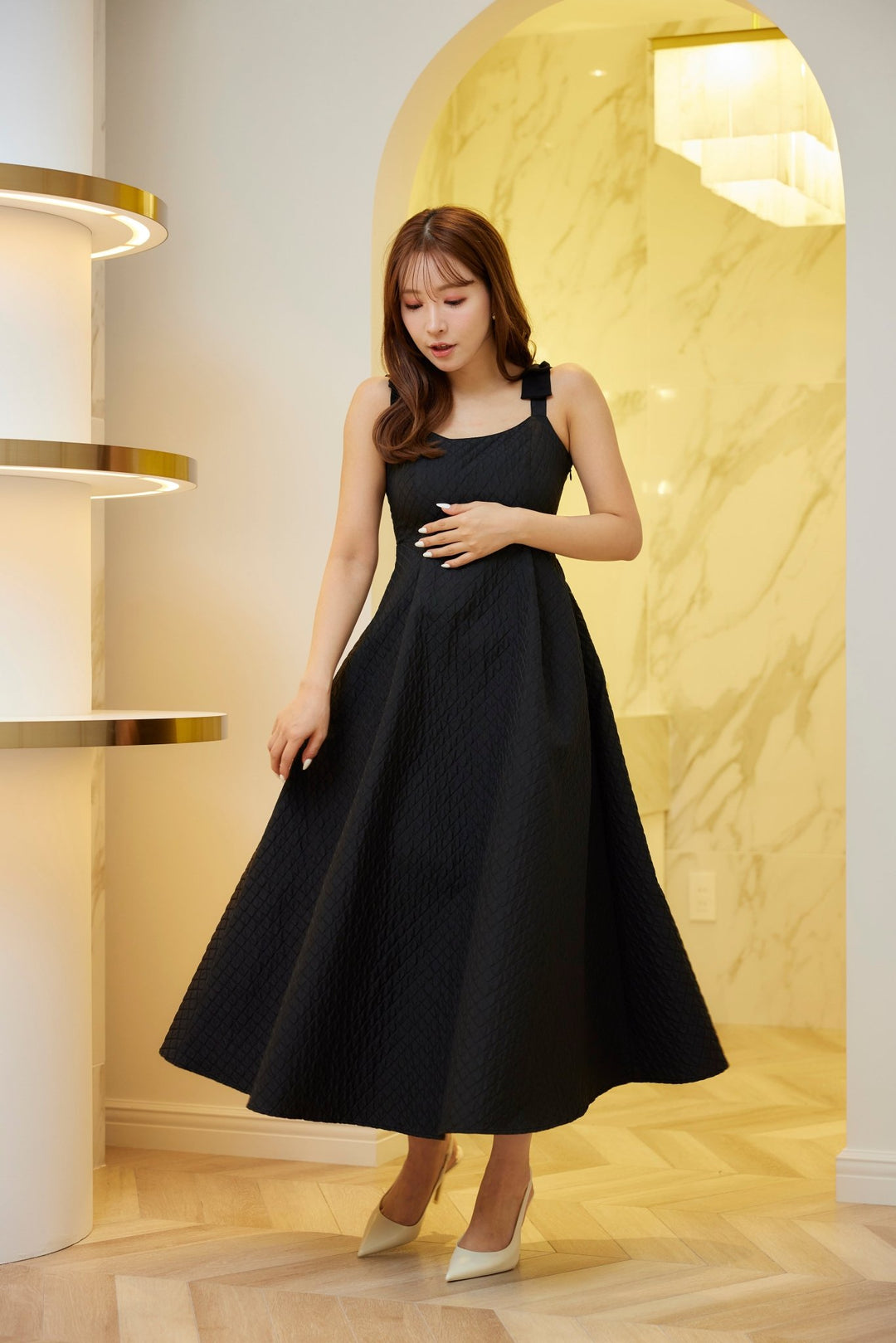 【残りわずか】 shoulder-ribbon-quilting-dress ワンピース