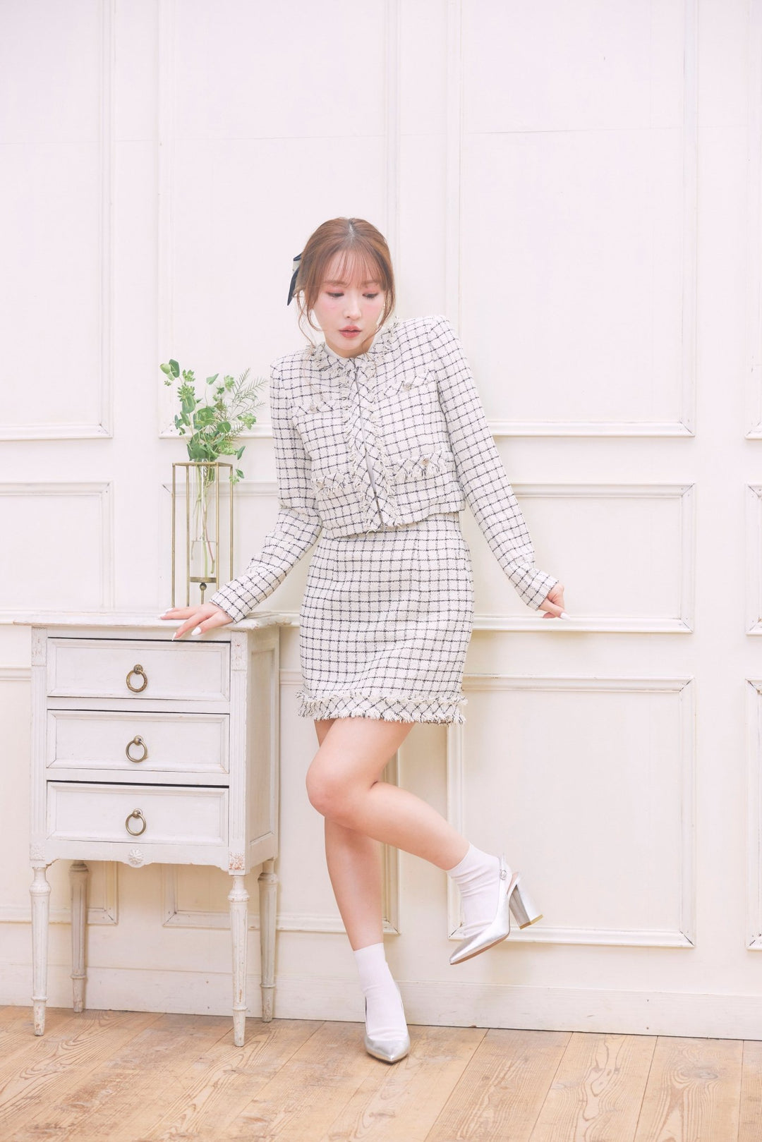 ミストレアス　Summer Tweed Compact Mini Dress 白 Summer Tweed Compact Mini Dress - MISTREASS